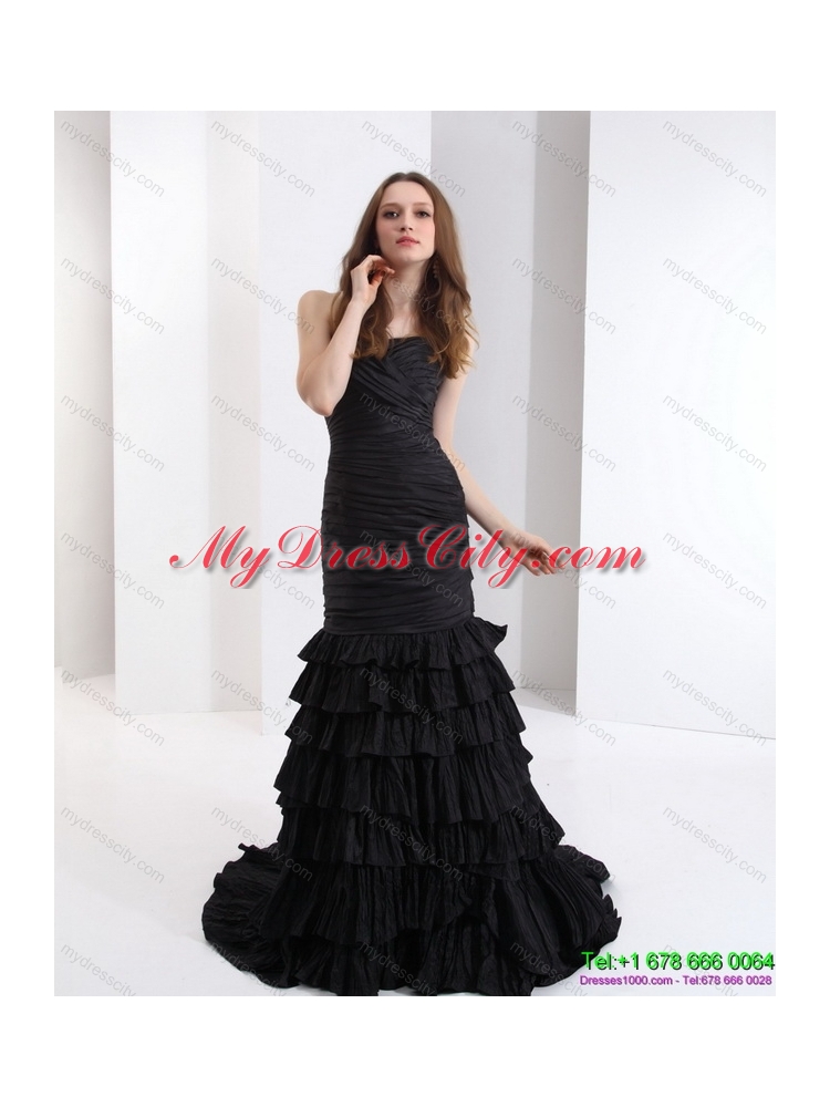 Brush Train Pleated Black Prom Dresses with One Shoulder and Ruffled Layers