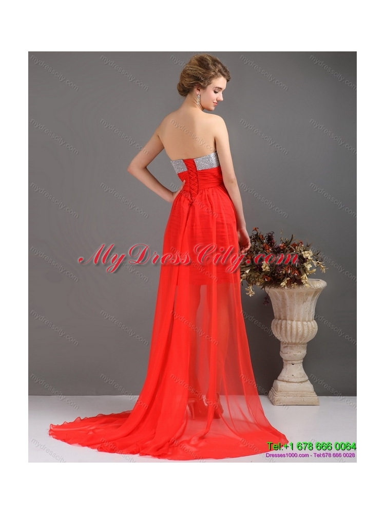 Brush Train Red High Low Prom Dresses with Ruching and Beading