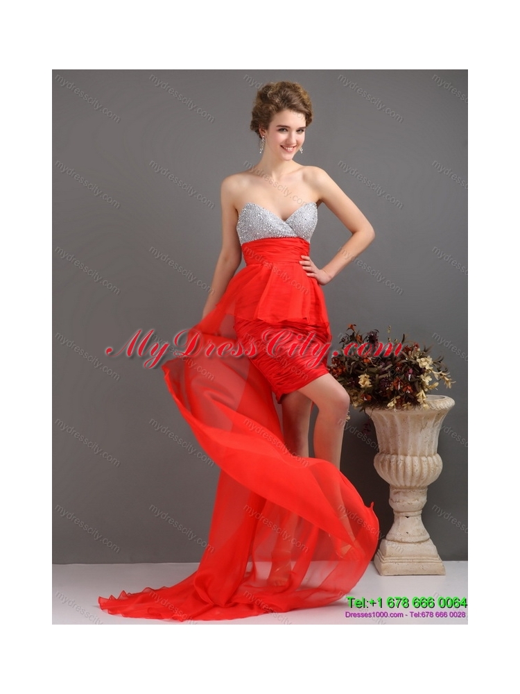 Brush Train Red High Low Prom Dresses with Ruching and Beading