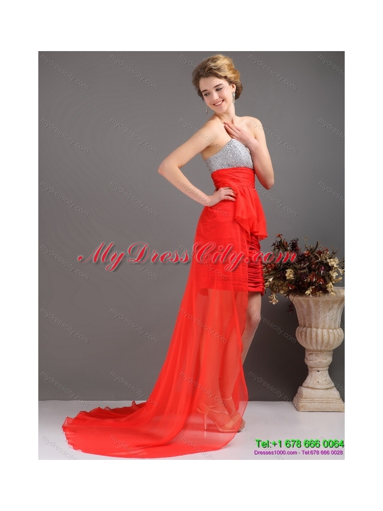 Brush Train Red High Low Prom Dresses with Ruching and Beading