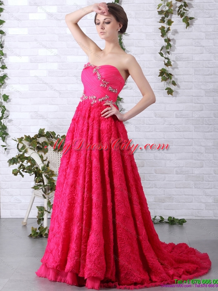 Exclusive Brush Train 2015 Prom Dress with Ruching and Beading