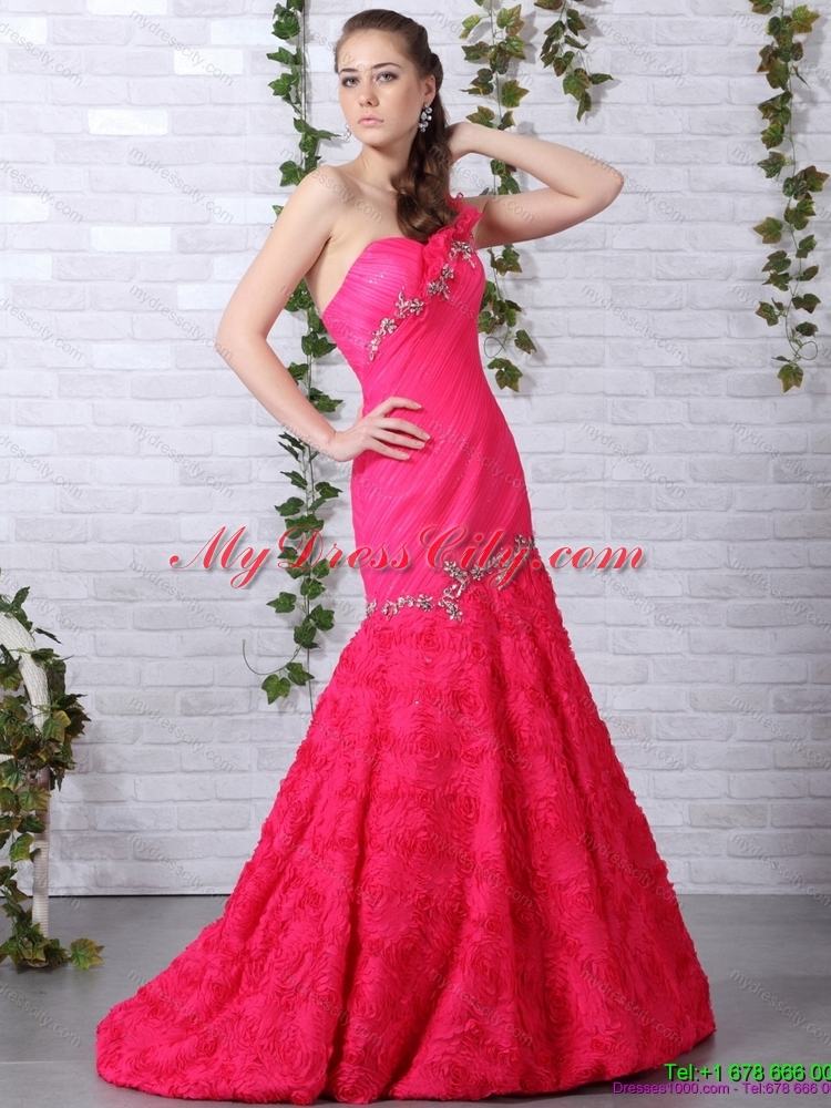 Exclusive Brush Train 2015 Prom Dress with Ruching and Beading