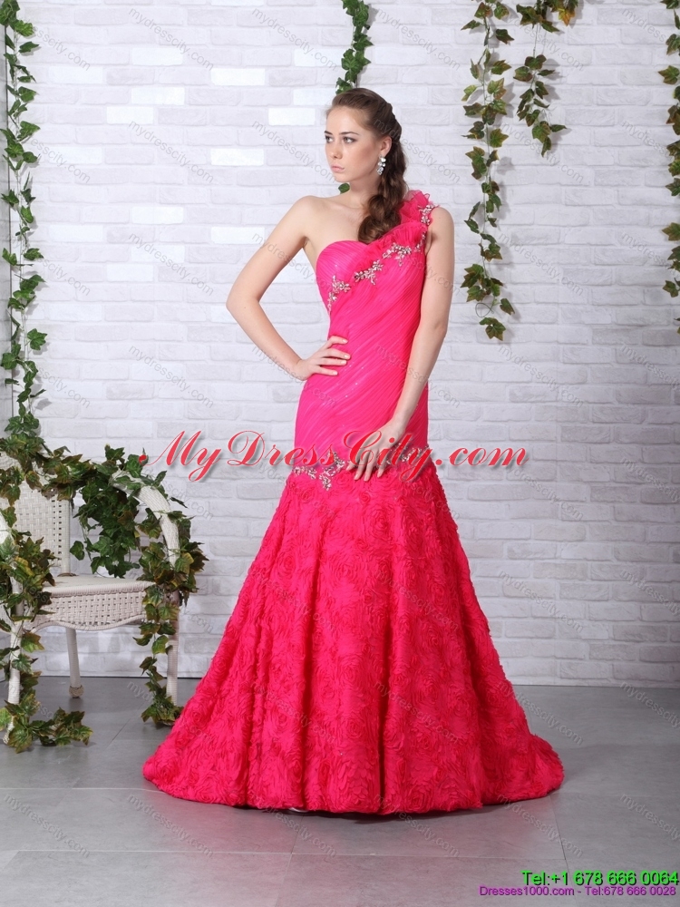 Exclusive Brush Train 2015 Prom Dress with Ruching and Beading