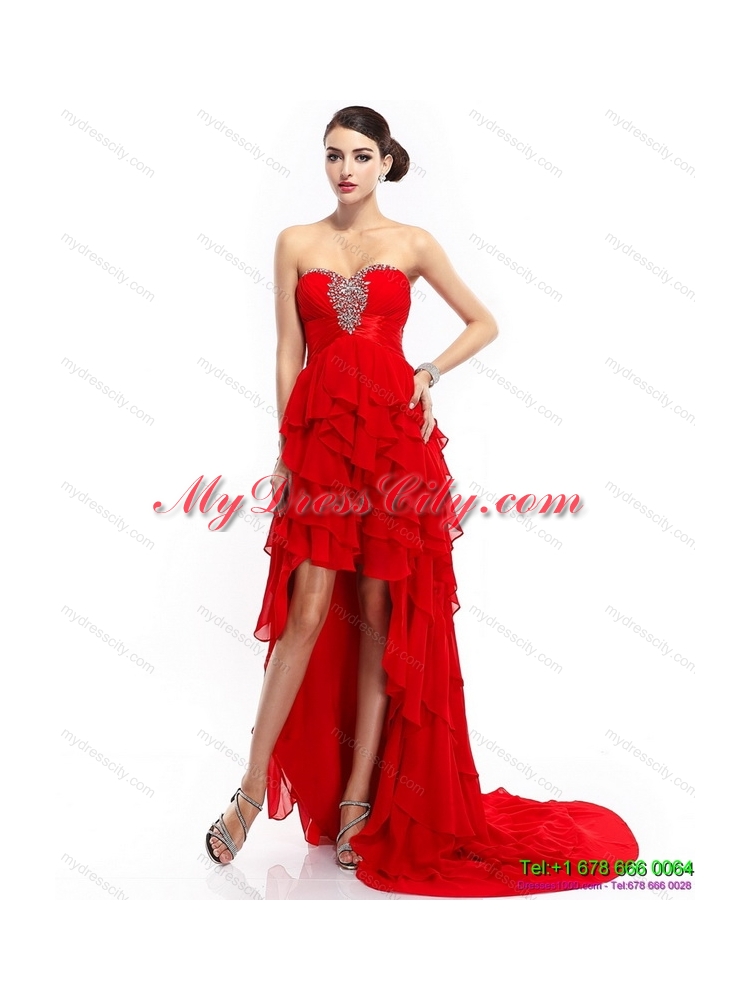 High Low Ruffled Layers Beading Red Prom Dresses for 2015