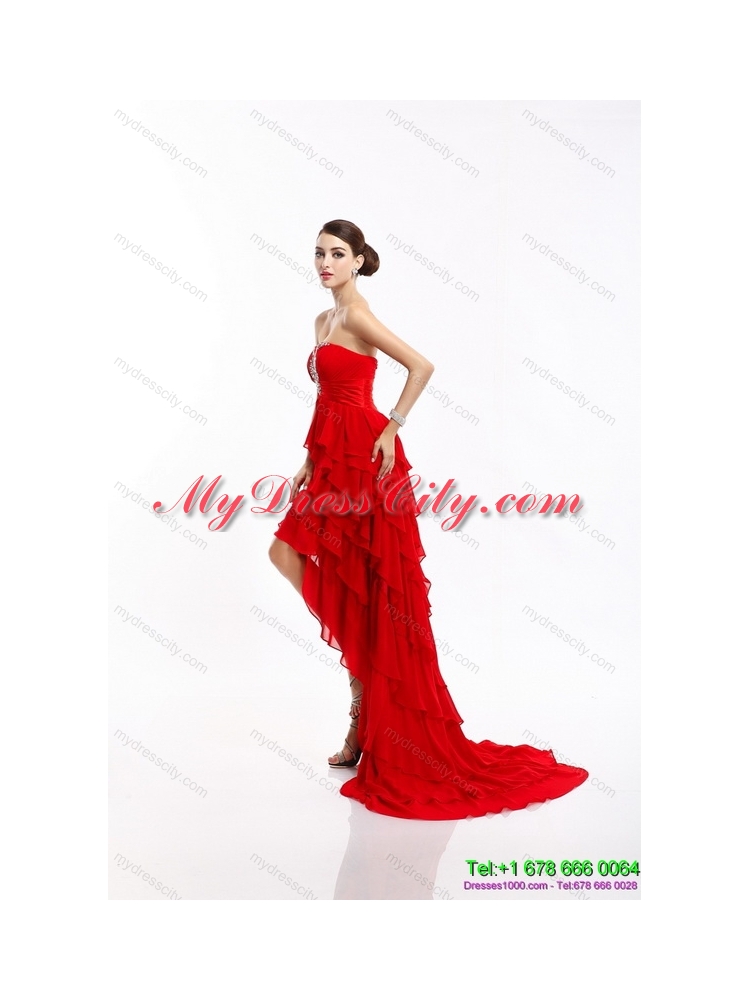 High Low Ruffled Layers Beading Red Prom Dresses for 2015