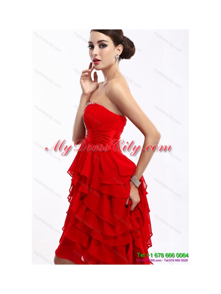 High Low Ruffled Layers Beading Red Prom Dresses for 2015