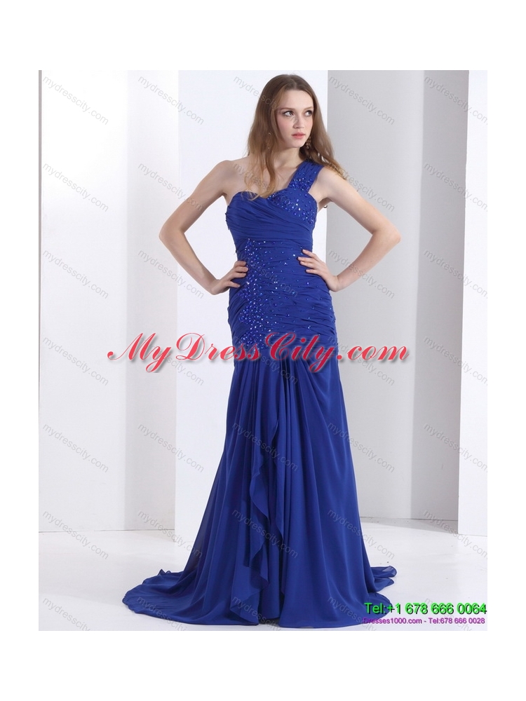 Pretty 2015 One Shoulder Prom Dress with Ruching and Beading