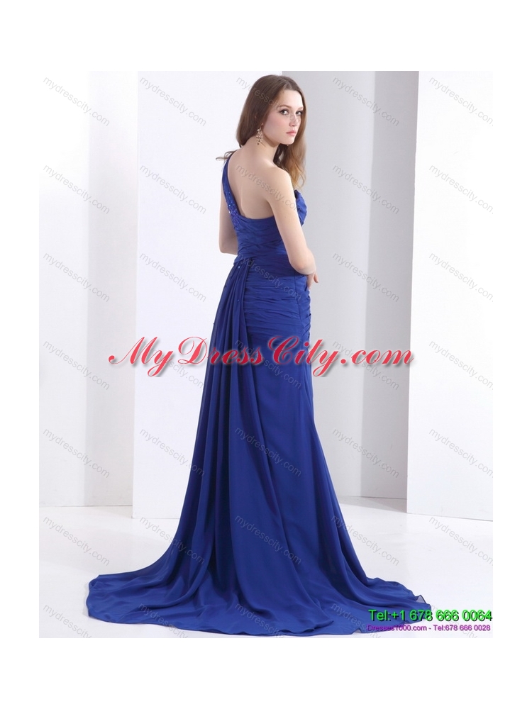 Pretty 2015 One Shoulder Prom Dress with Ruching and Beading