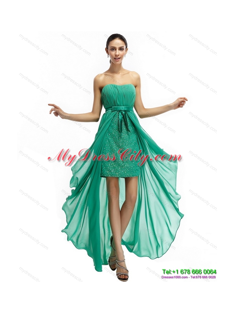 Turquoise High Low Beading Prom Dresses with Ruching and Bowknot