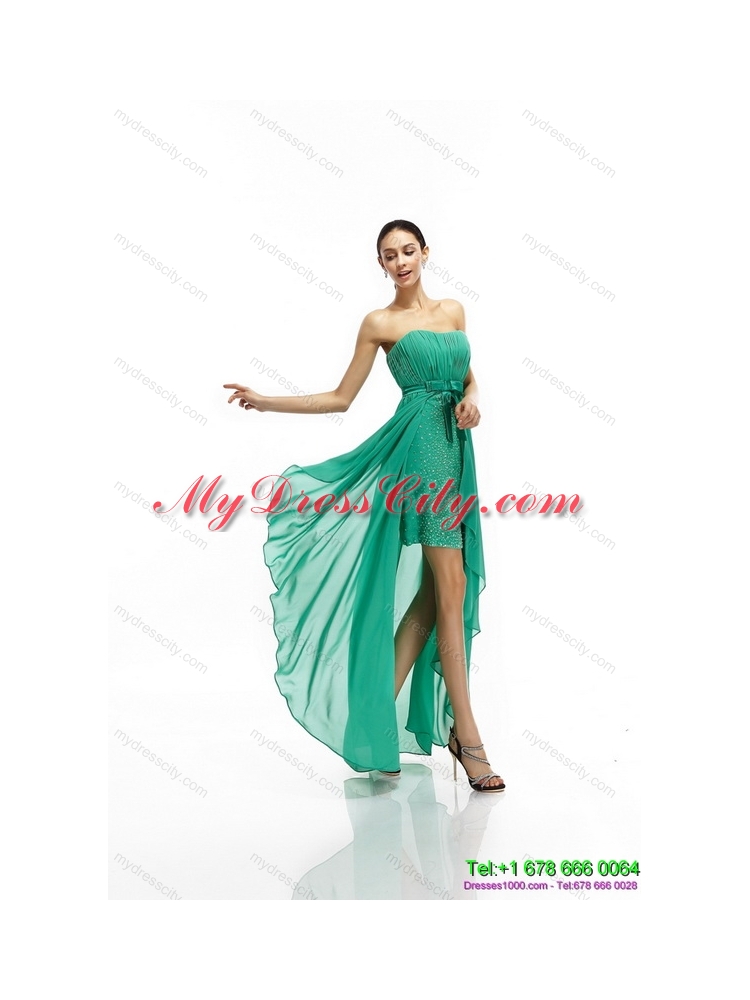 Turquoise High Low Beading Prom Dresses with Ruching and Bowknot