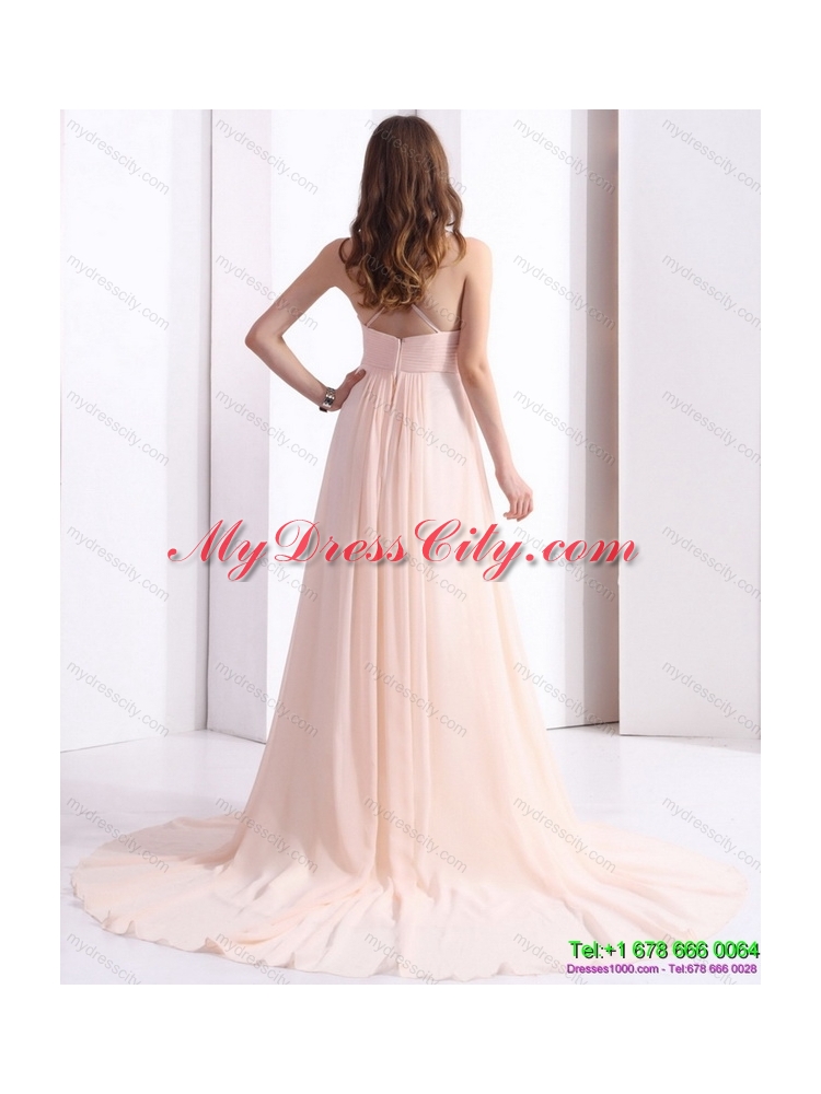 2015 Brush Train Long Prom Dresses with Beading and Ruching