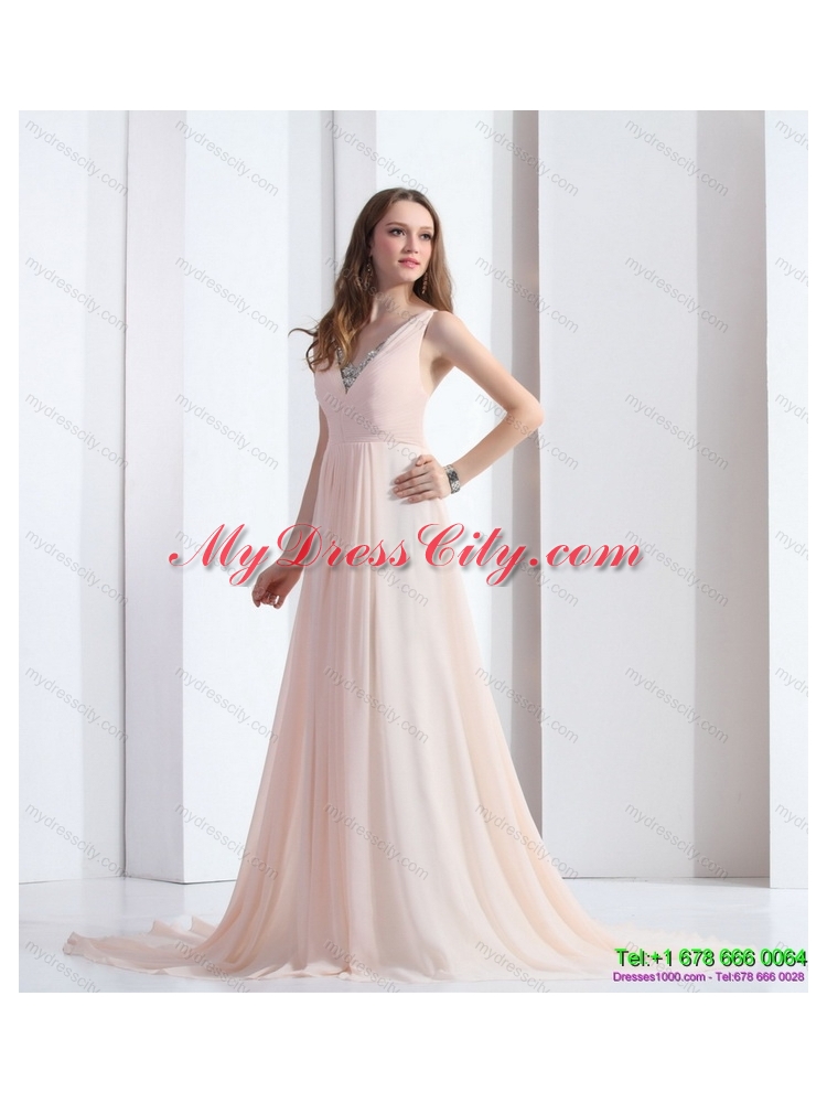 2015 Brush Train Long Prom Dresses with Beading and Ruching