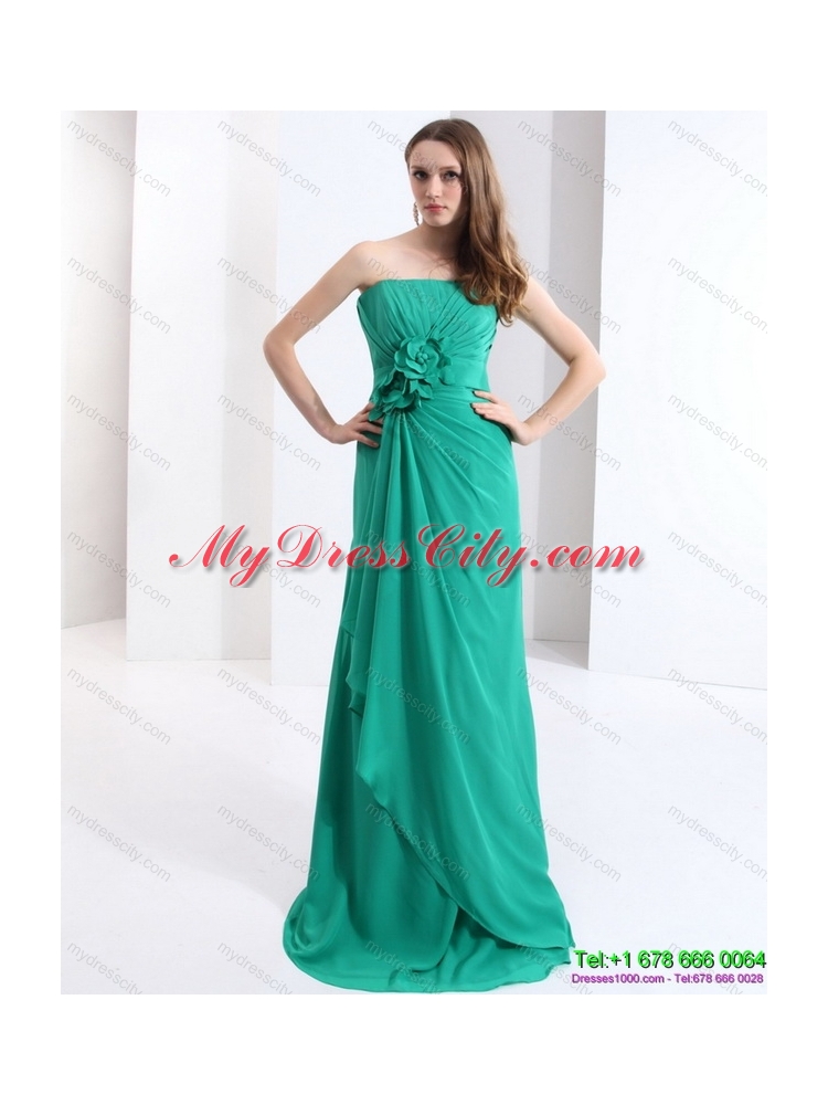 2015 Designer Strapless Prom Dress with Hand Made Flowers and Ruching