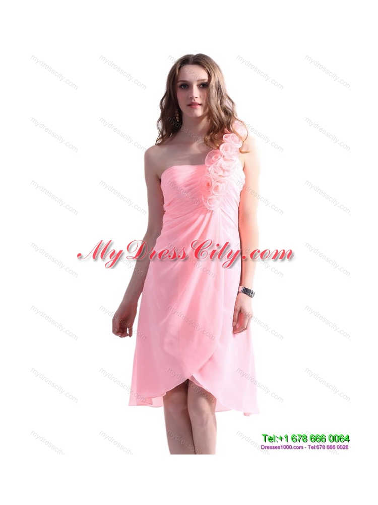 Baby Pink One Shoulder Prom Dresses with Ruching and Hand Made Flowers