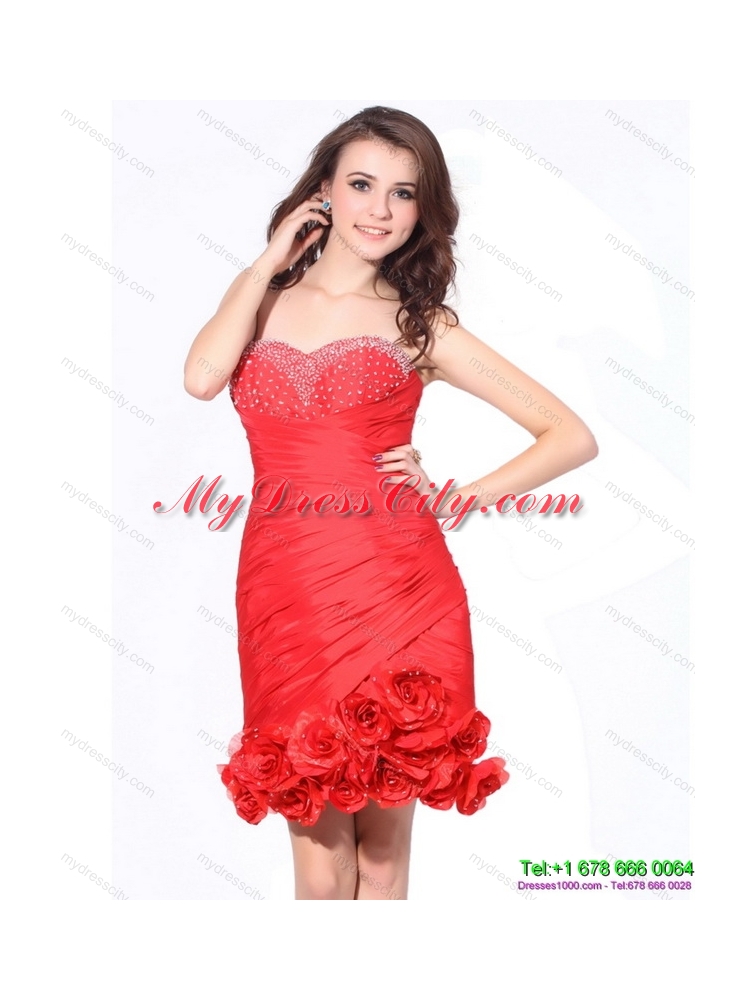 Beading Red Sweetheart Designer Prom Dresses with Hand Made Flowers and Ruching