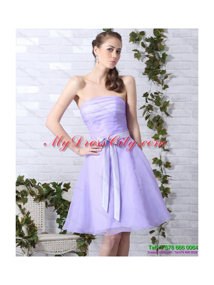 Cute Lilac Strapless Ruching Mini Length Prom Dresses with Bownot