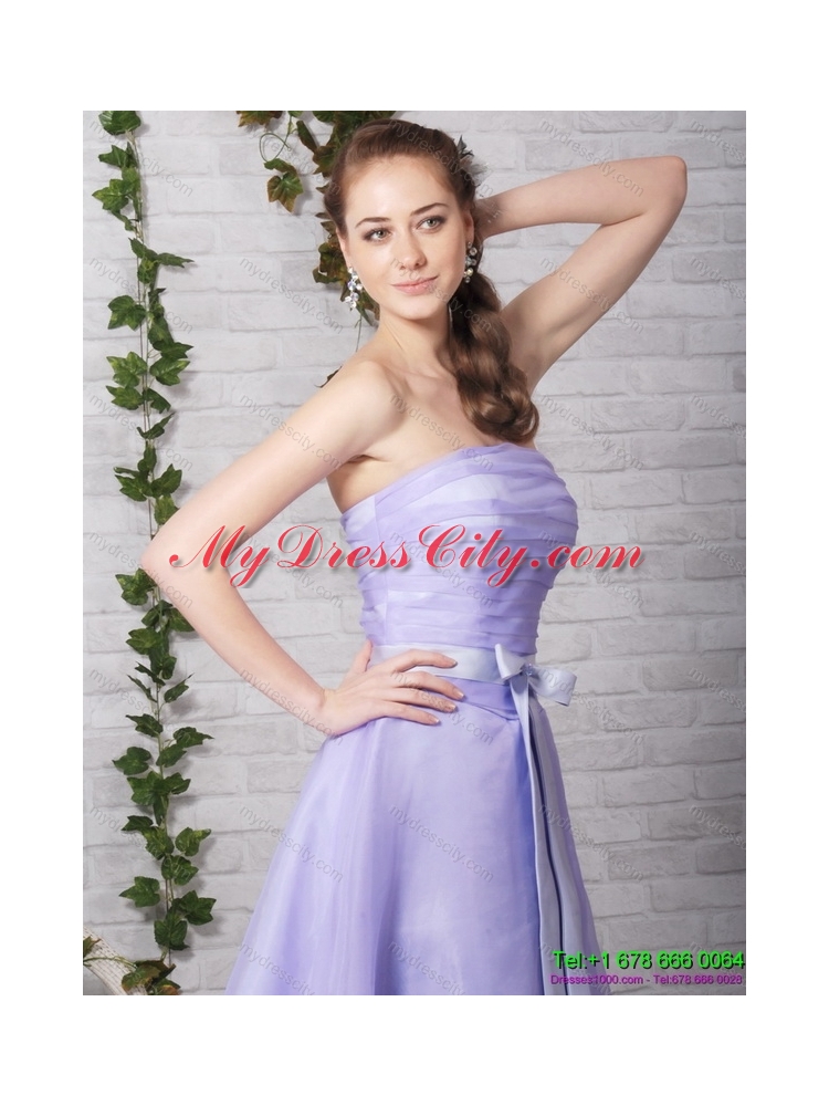 Cute Lilac Strapless Ruching Mini Length Prom Dresses with Bownot