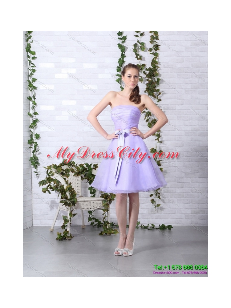 Cute Lilac Strapless Ruching Mini Length Prom Dresses with Bownot