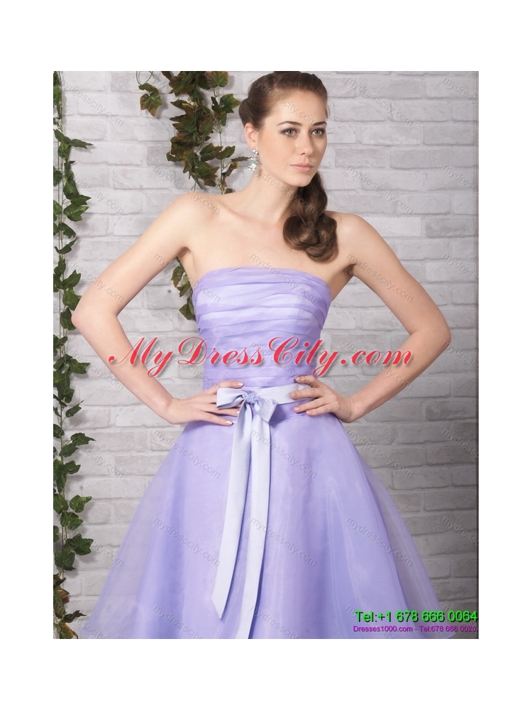 Cute Lilac Strapless Ruching Mini Length Prom Dresses with Bownot