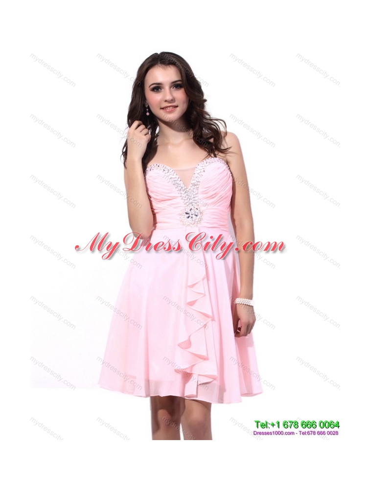 Designer Baby Pink Prom Dresses with Beading and Ruching