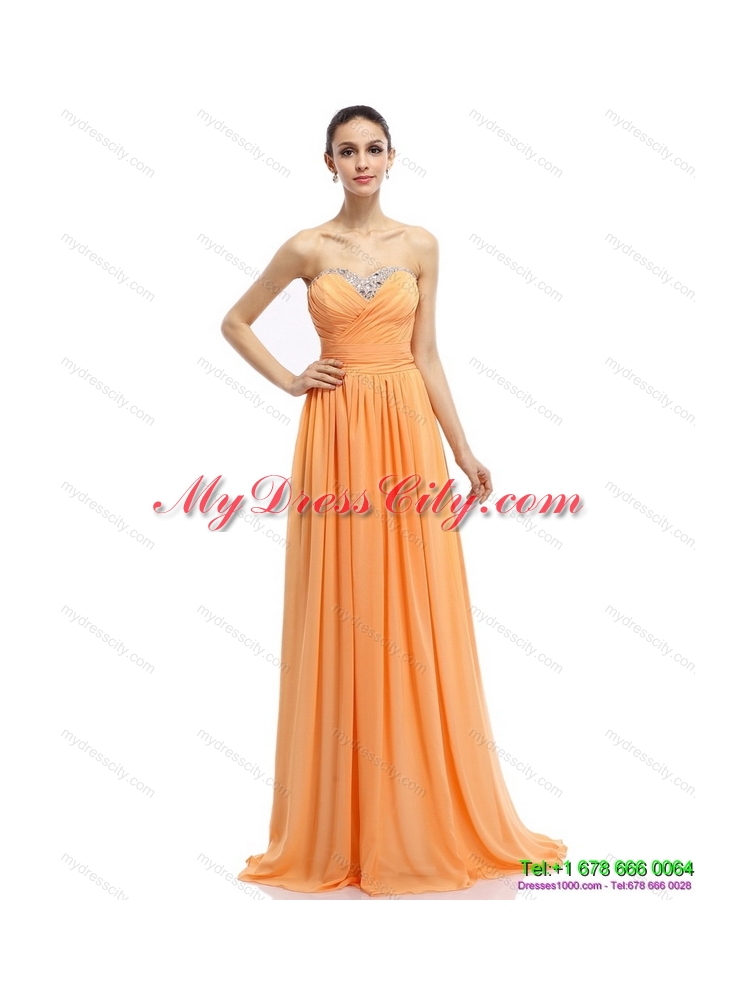 Designer Beading Sweep Train Gold Prom Dresses with Ruching