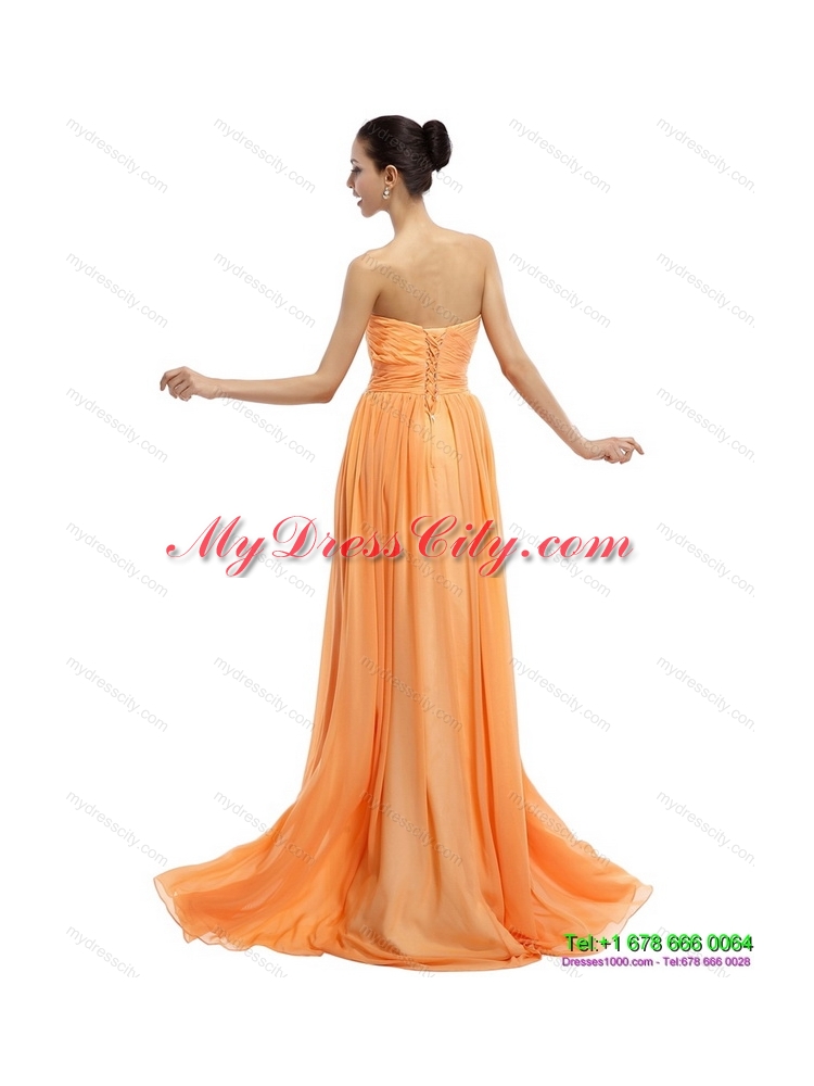 Designer Beading Sweep Train Gold Prom Dresses with Ruching