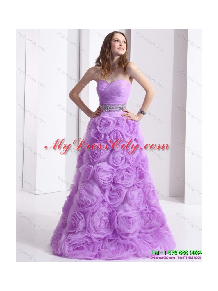 Designer Lilac Sweetheart Prom Dresses with Rolling Flowers and Sequins