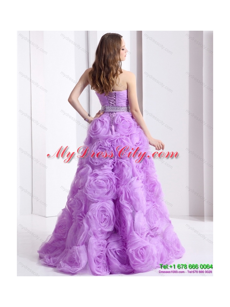 Designer Lilac Sweetheart Prom Dresses with Rolling Flowers and Sequins