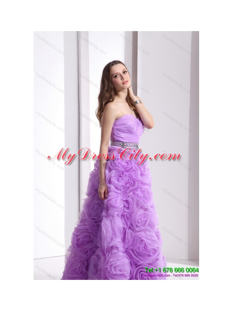 Designer Lilac Sweetheart Prom Dresses with Rolling Flowers and Sequins