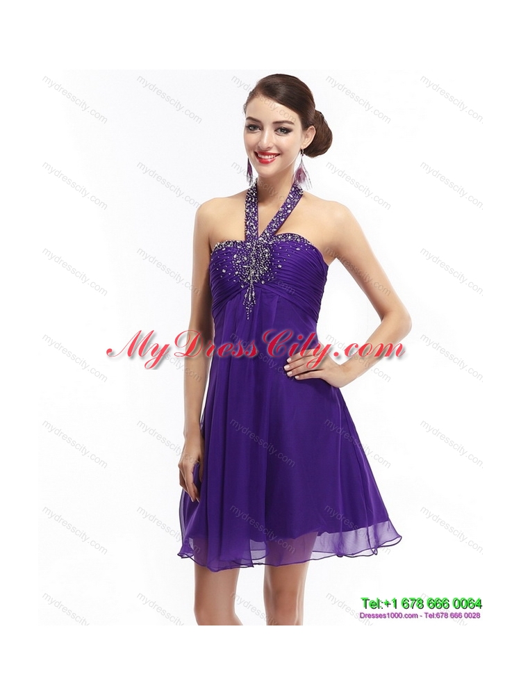 Designer Purple Beading Halter Top 2015 Prom Dresses with Ruching