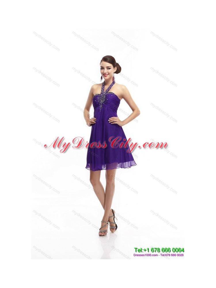 Designer Purple Beading Halter Top 2015 Prom Dresses with Ruching