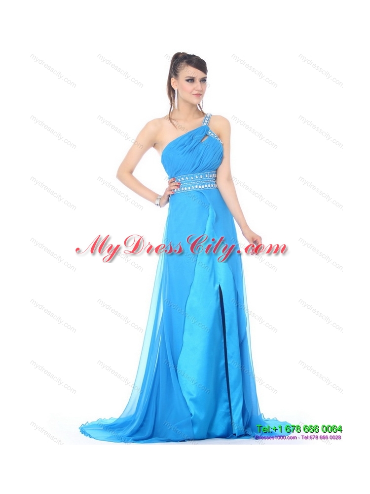 Elegant 2015 One Shoulder Blue Long Prom Dress with Rhinestones