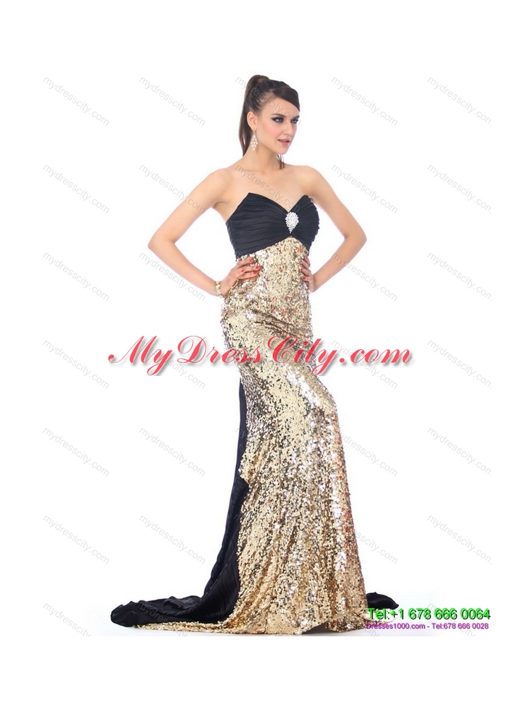 Luxurious Brush Train 2015 Prom Dress with Ruching and Sequins