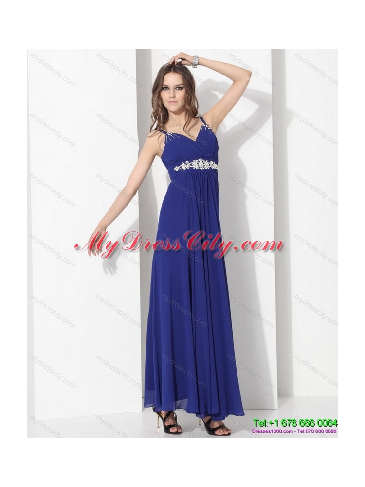 2015 Designer Ankle Length Blue Prom Dress with Beading