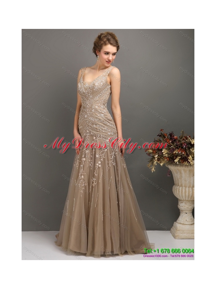 2015 Designer Empire Prom Dress with Brush Train and Appliques