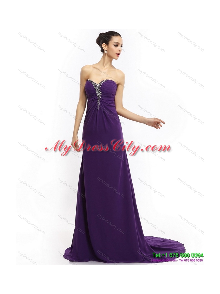 Designer 2015 Brush Train Sweetheart Prom Dress with Ruching and Beading