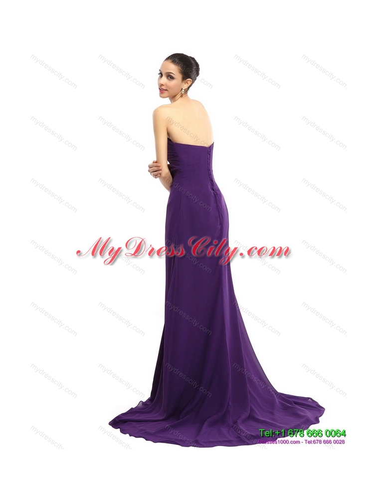 Designer 2015 Brush Train Sweetheart Prom Dress with Ruching and Beading