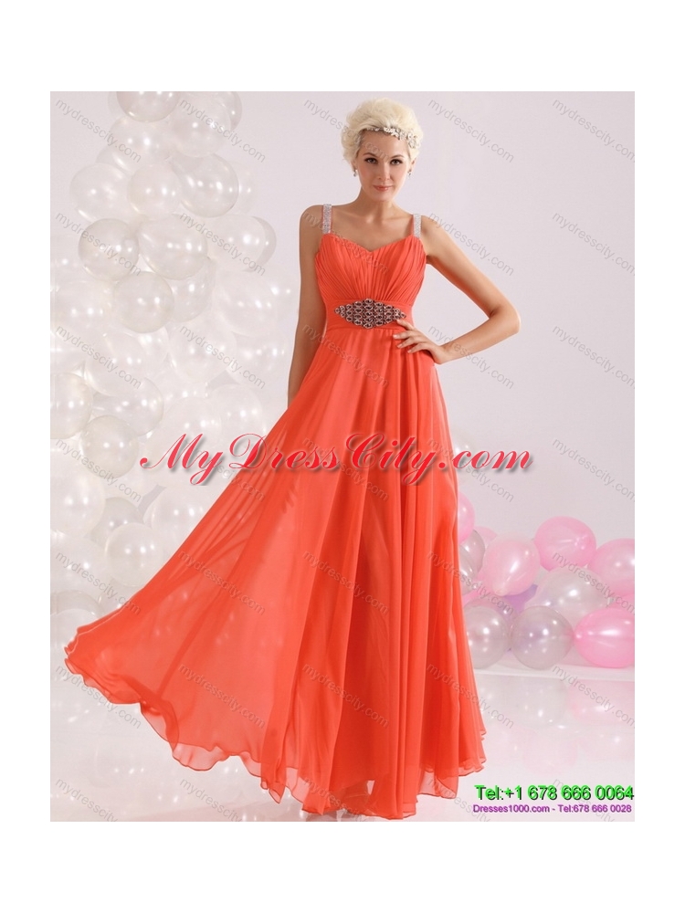 Designer 2015 Empire Orange Prom Dress with Beading and Ruching