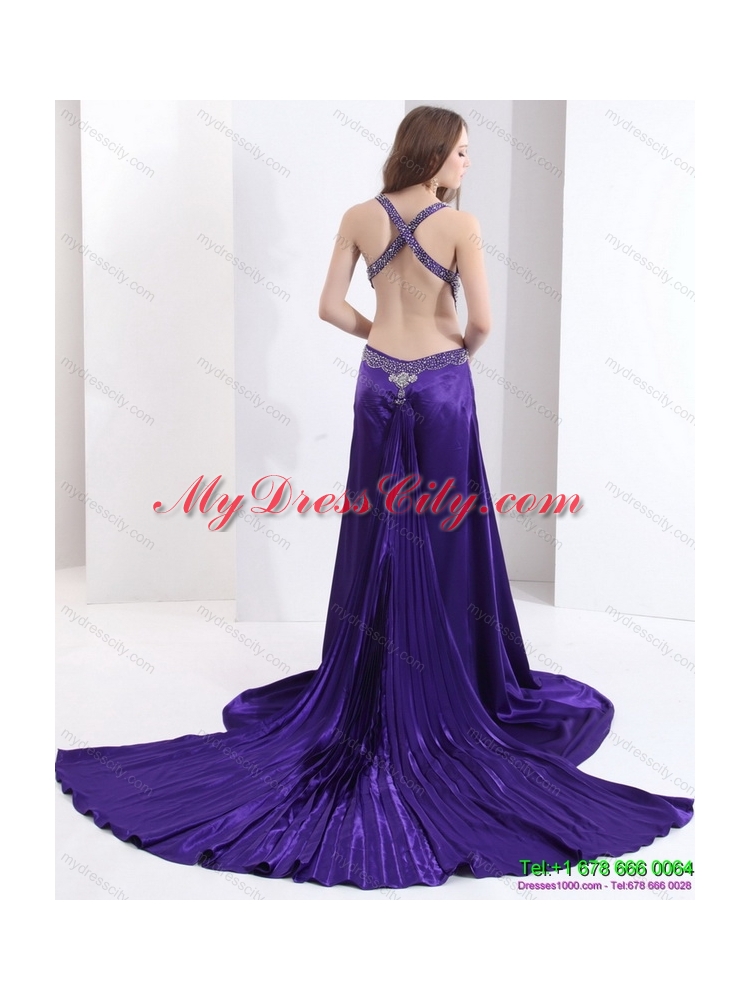 Designer 2015 Halter Top Purple Criss Cross Prom Dresses with Court Train