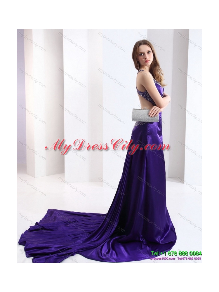 Designer 2015 Halter Top Purple Criss Cross Prom Dresses with Court Train