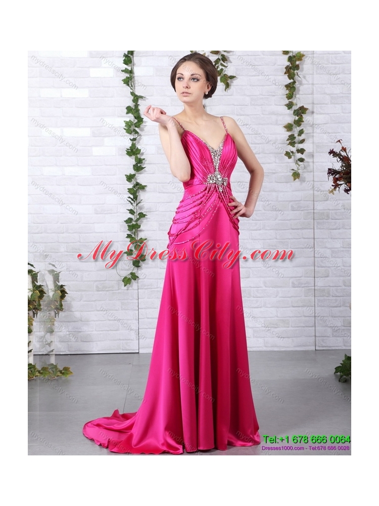 Designer Brush Train 2015 Prom Dress with Ruching and Beading