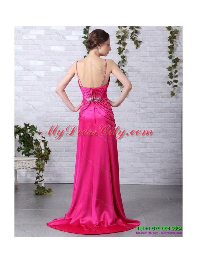 Designer Brush Train 2015 Prom Dress with Ruching and Beading