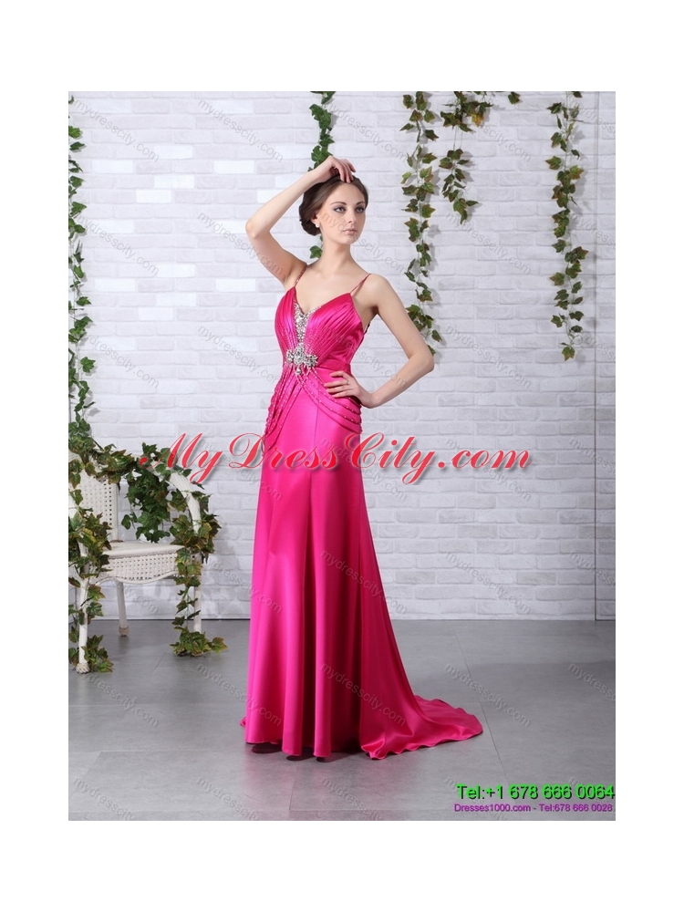 Designer Brush Train 2015 Prom Dress with Ruching and Beading