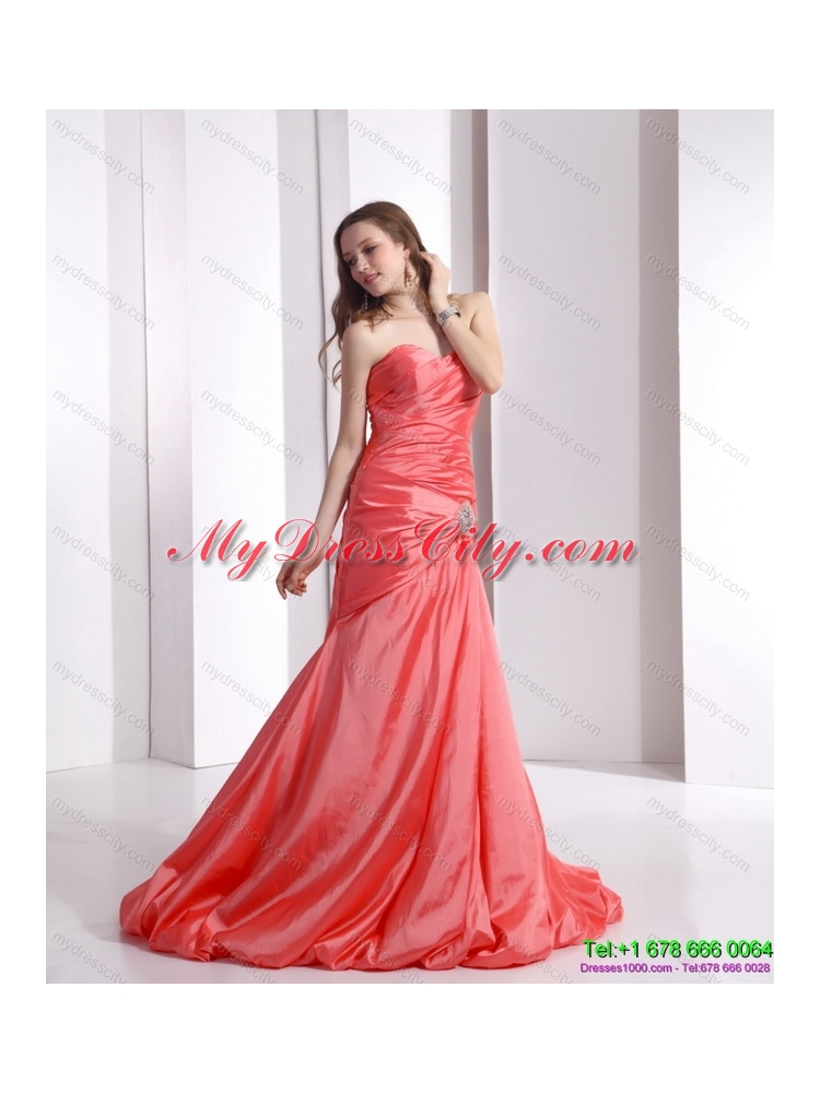 Designer Ruching and Beading Prom Dress with Brush Train