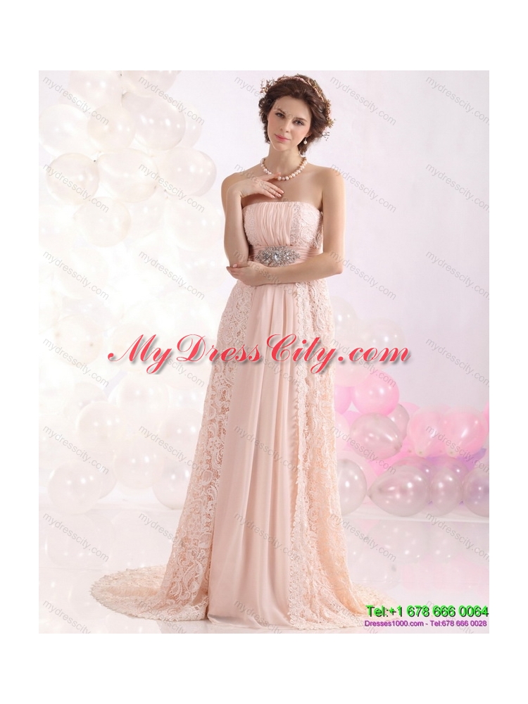 Designer Strapless Sequins and Lace Prom Dress with Brush Train