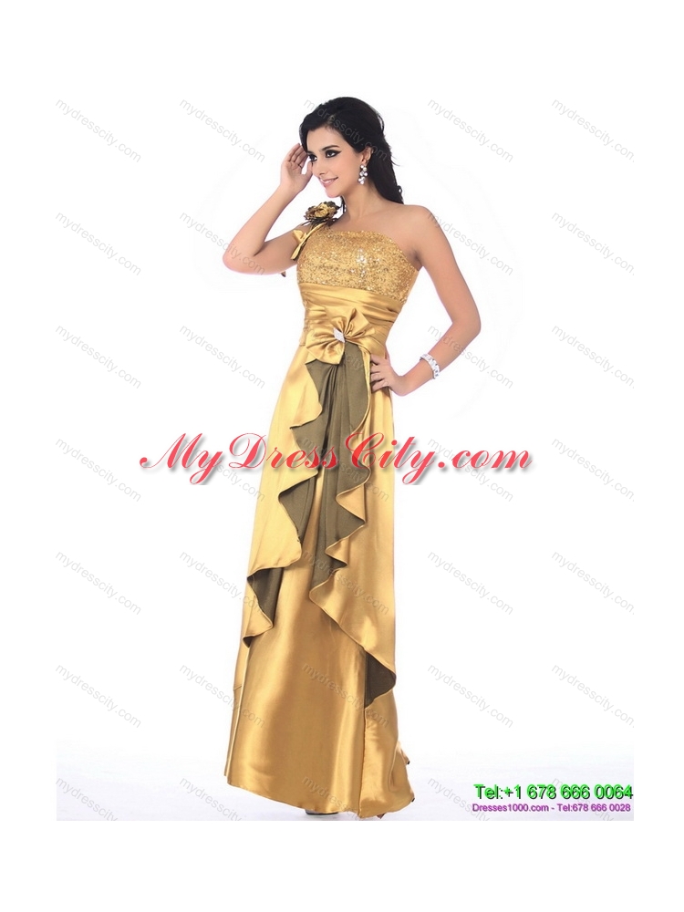 Gorgeous One Shoulder Gold Prom Dress with Hand Made Flowers and Ruching