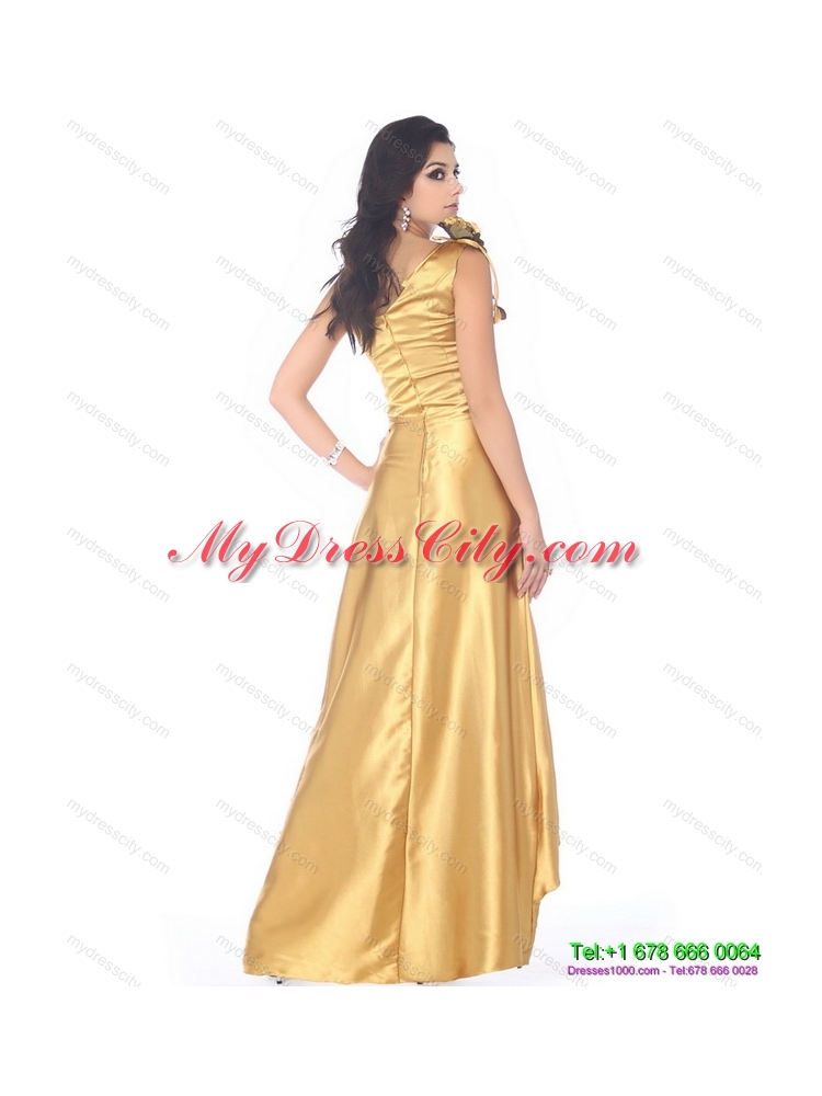 Gorgeous One Shoulder Gold Prom Dress with Hand Made Flowers and Ruching