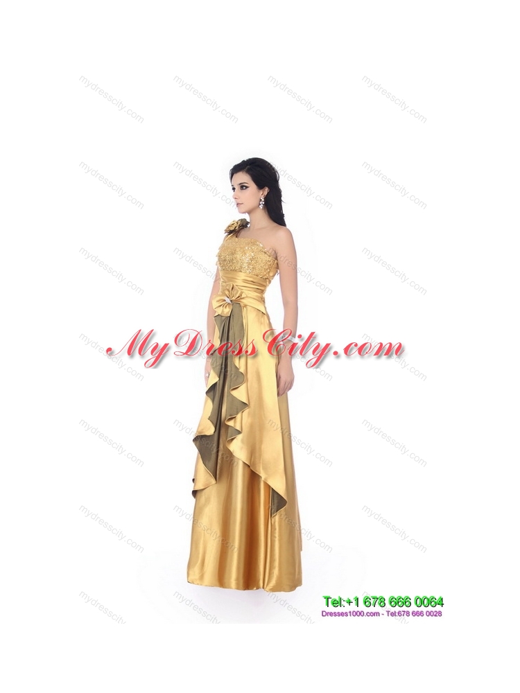 Gorgeous One Shoulder Gold Prom Dress with Hand Made Flowers and Ruching