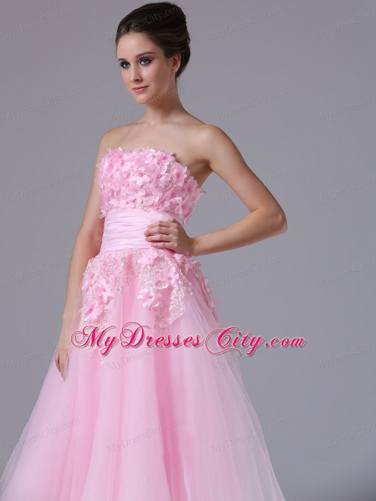 Handle-Made Flower Decorate Pink maxi Homecoming Dress