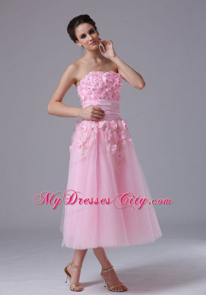 Handle-Made Flower Decorate Pink maxi Homecoming Dress